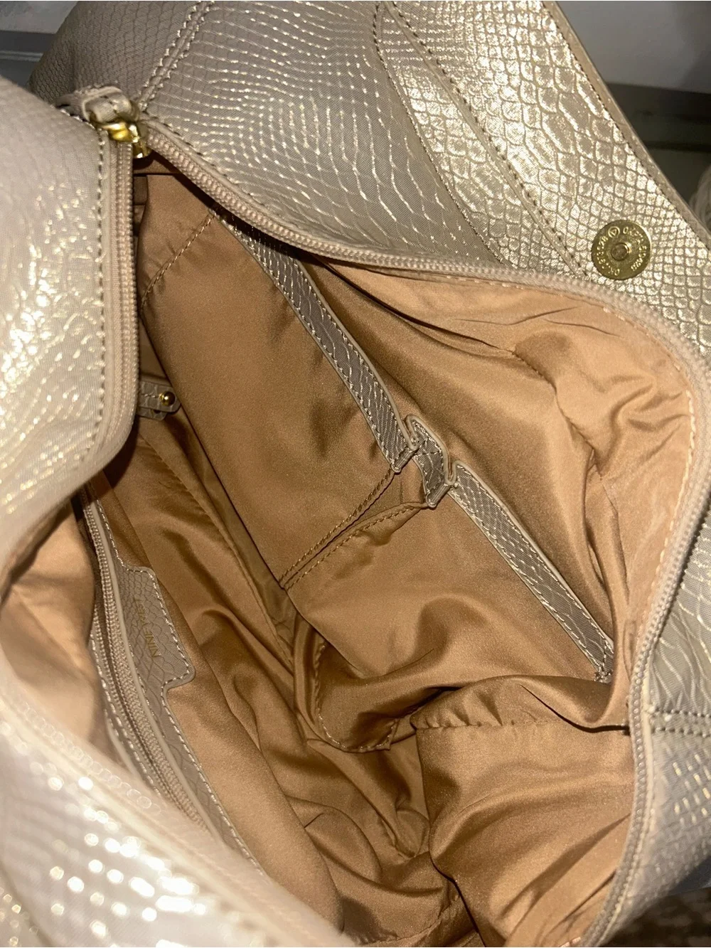 Nine West Metallic Champagne Snake-Embossed Shoulder Bag with Gold Hardware